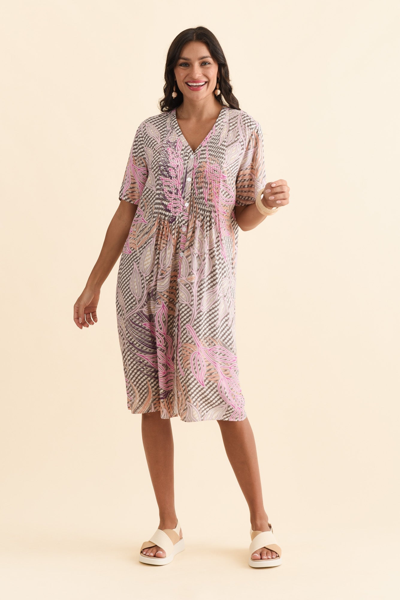 Leticia Pink Leaf Midi Dress Front View