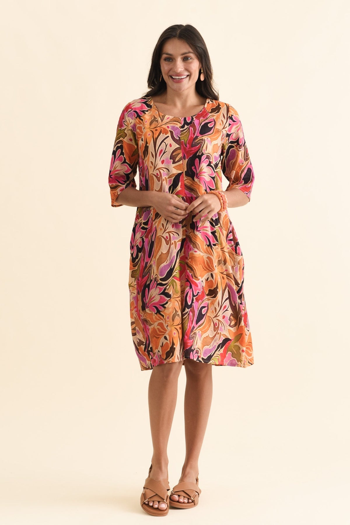 Lilibet Pink Garden Cotton Pocket Dress Front View
