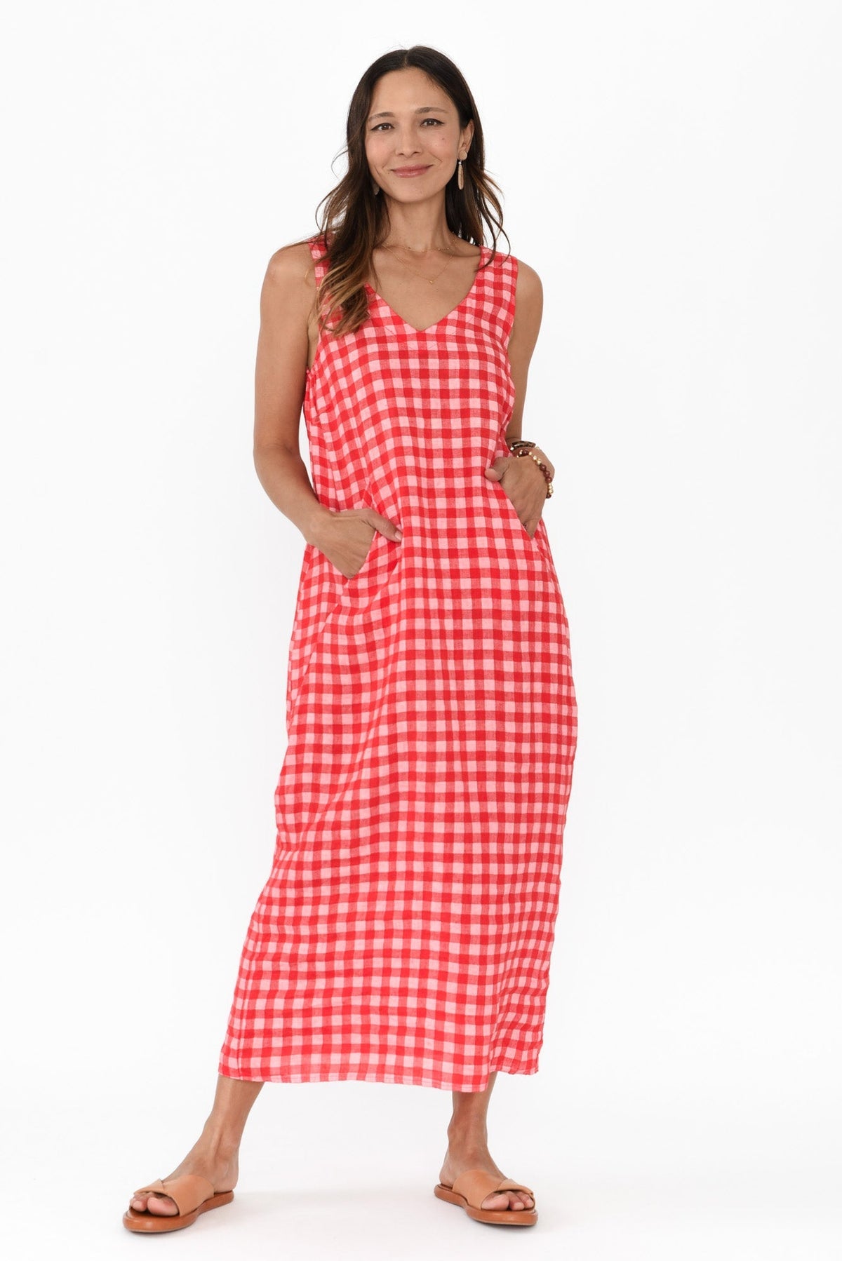 Lisa Red Check Linen Pocket Dress Full Length View