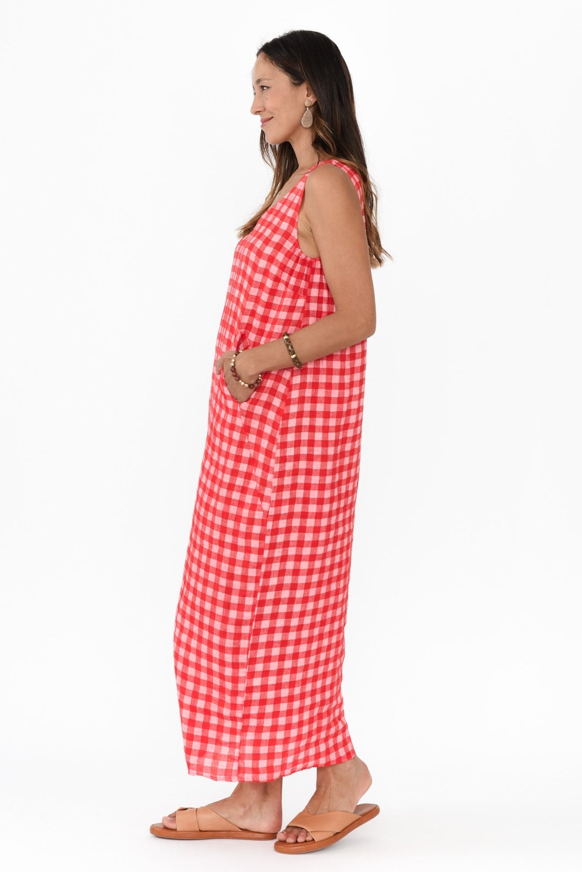 Lisa Red Check Linen Pocket Dress Back View