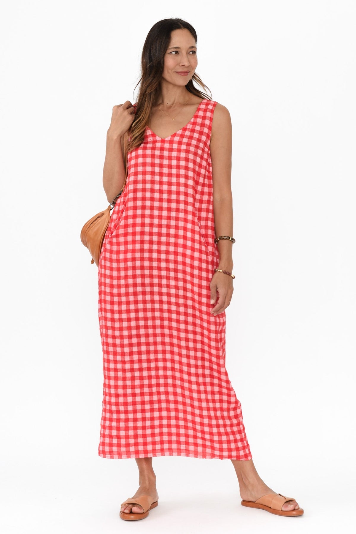 Lisa Red Check Linen Pocket Dress Front View
