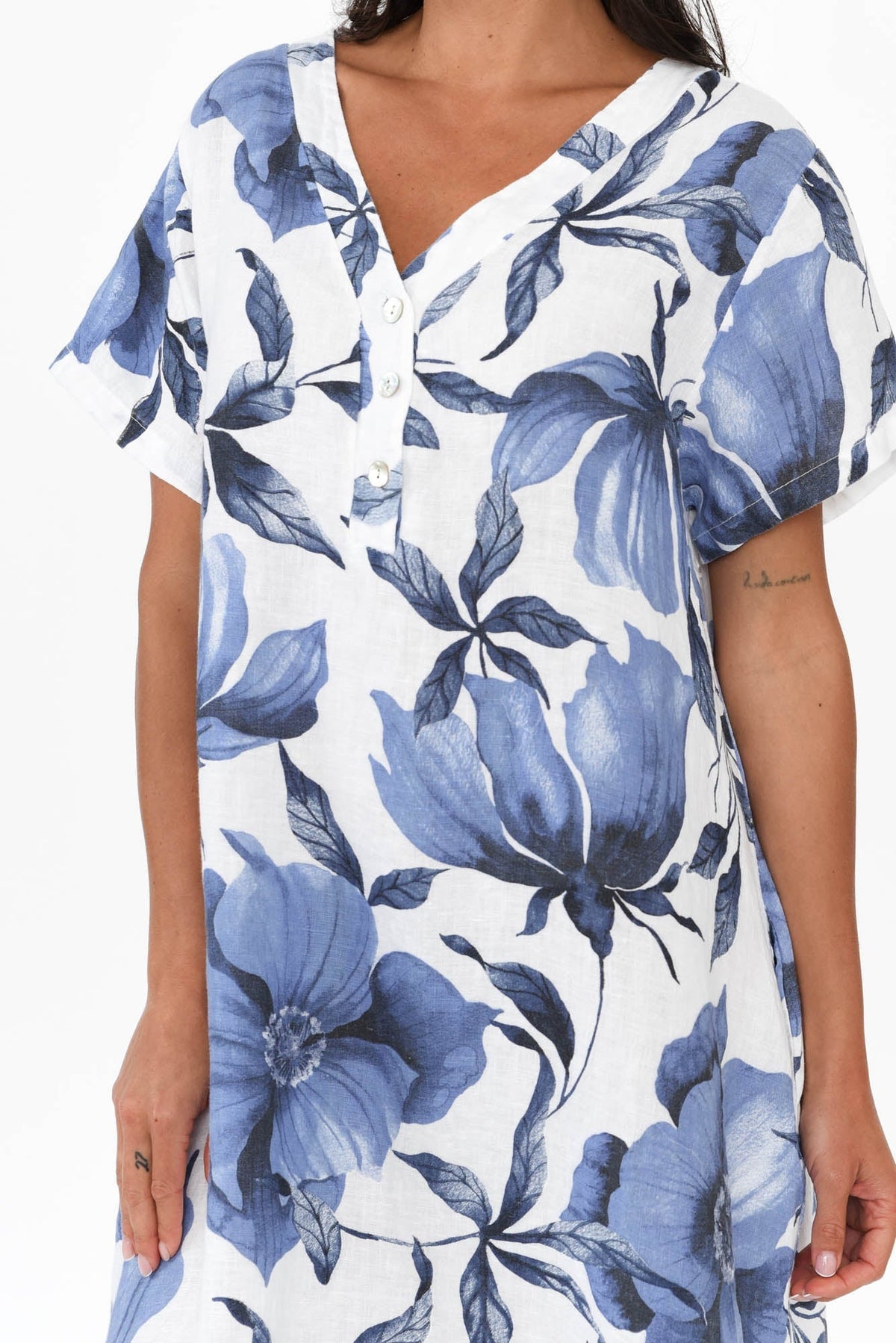Louisiana White Floral Button Dress Detail View