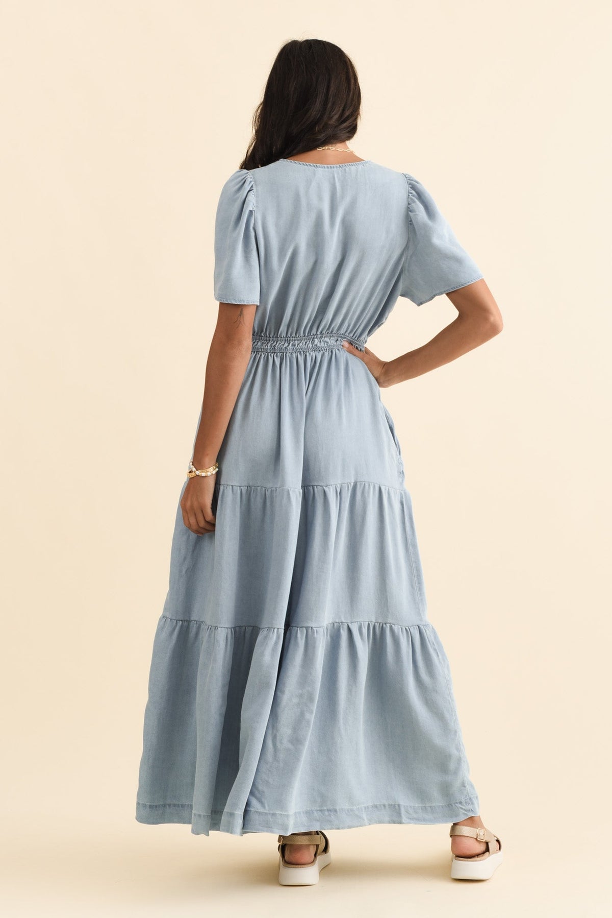 Luca Dark Blue Tencel Tier Dress Detail View