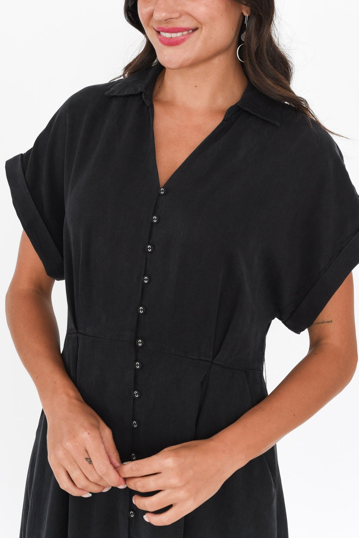 Lucia Black Linen Blend Belted Dress Detail View