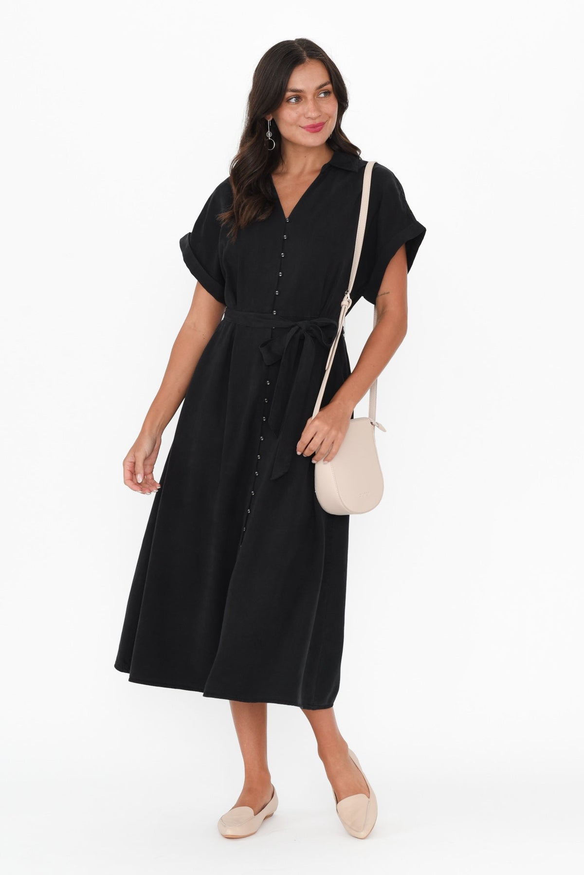 Lucia Black Linen Blend Belted Dress Front View 2