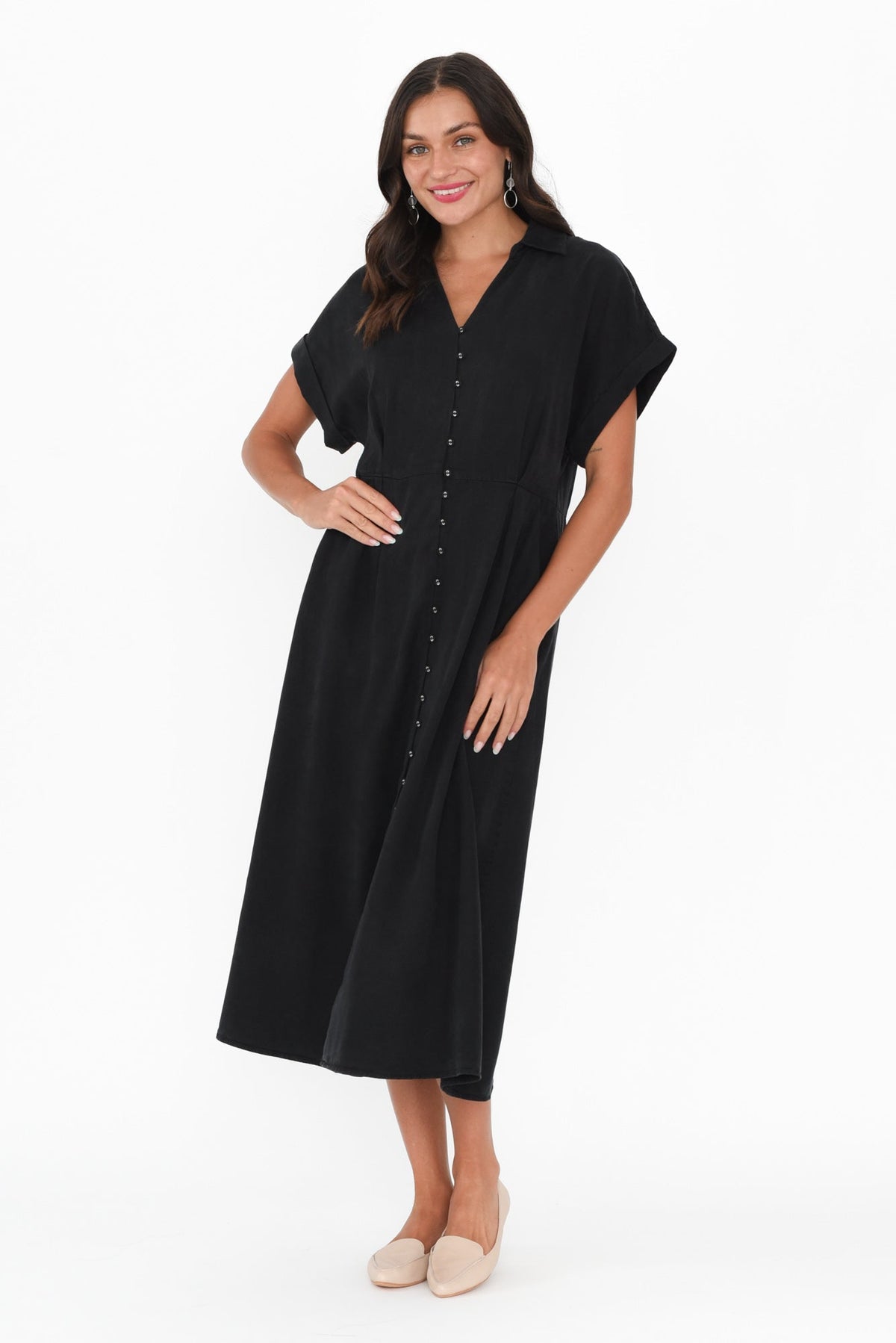 Lucia Black Linen Blend Belted Dress Full Length View