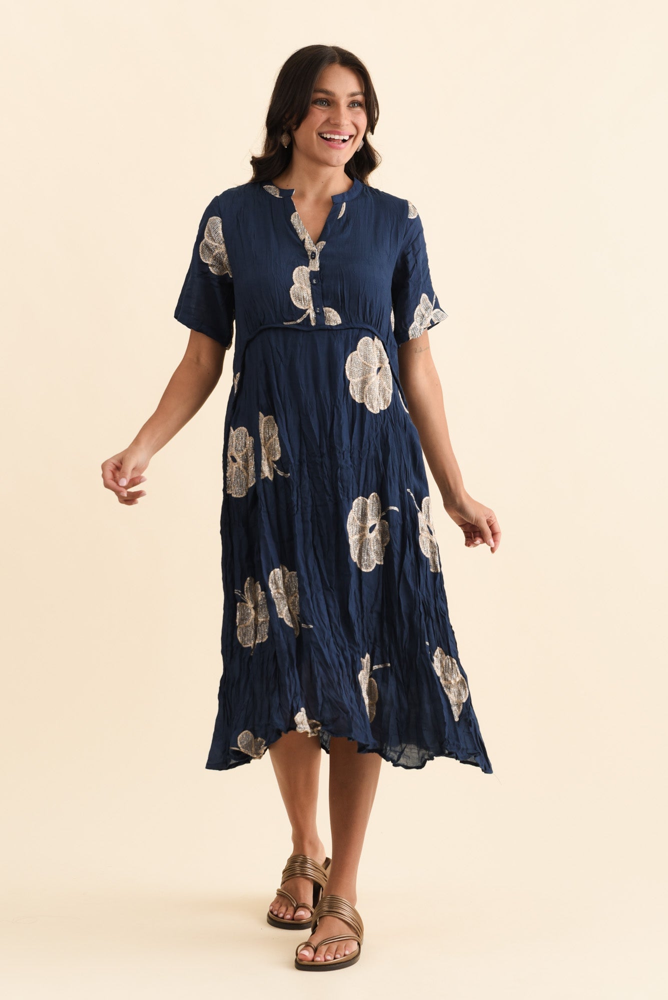 Lucy Navy Flower Pocket Dress Full Length View