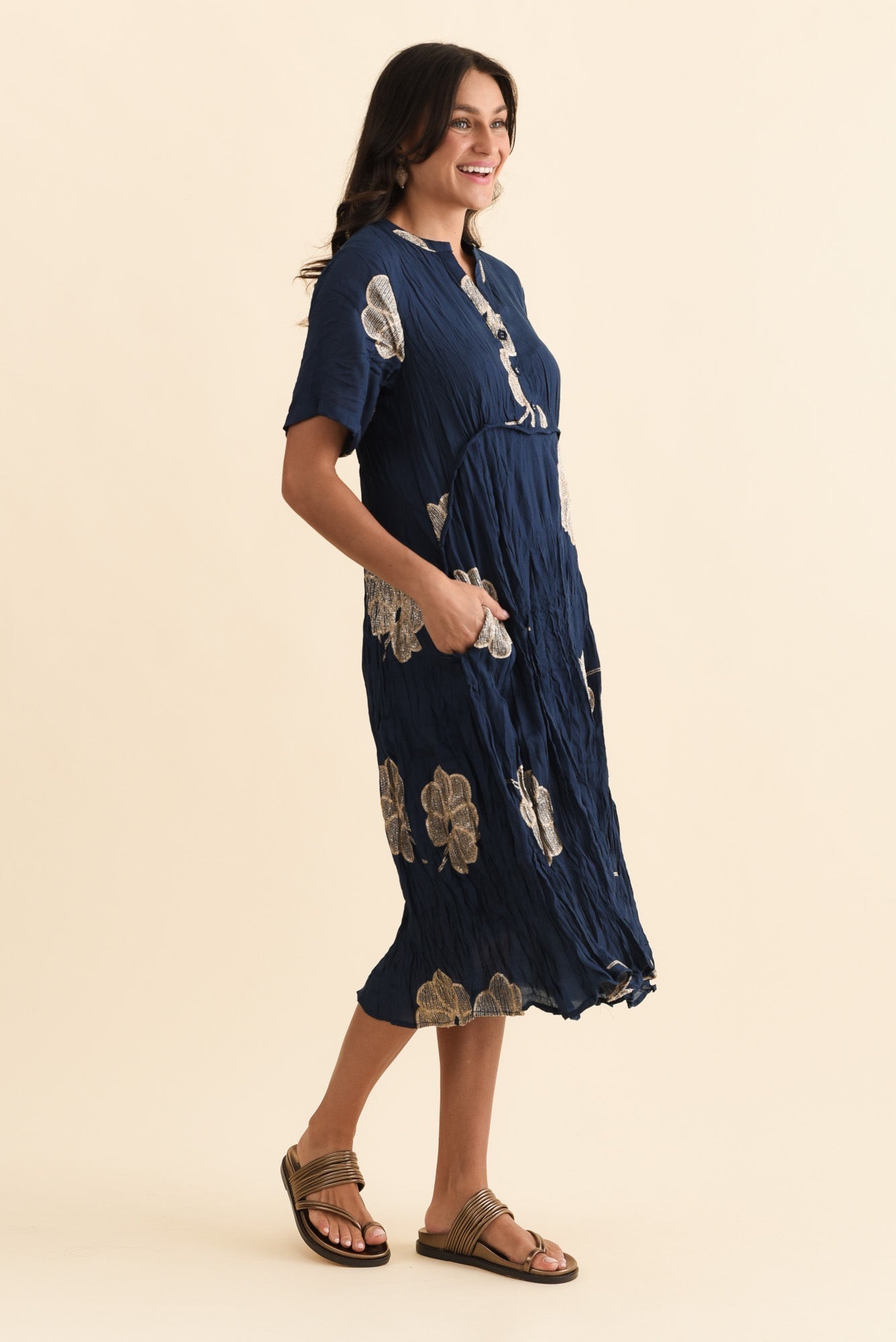 Lucy Navy Flower Pocket Dress Back View