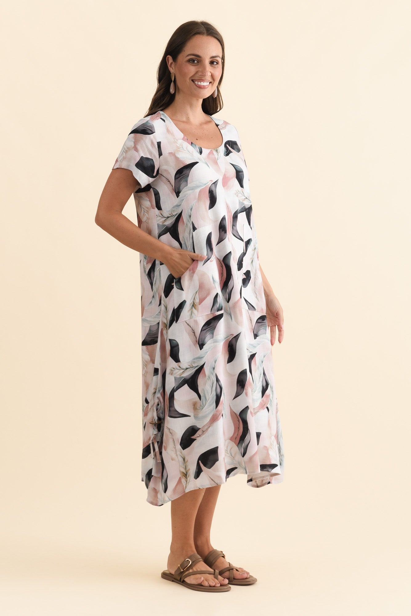 Lula Beige Abstract Linen Cotton Dress Back View