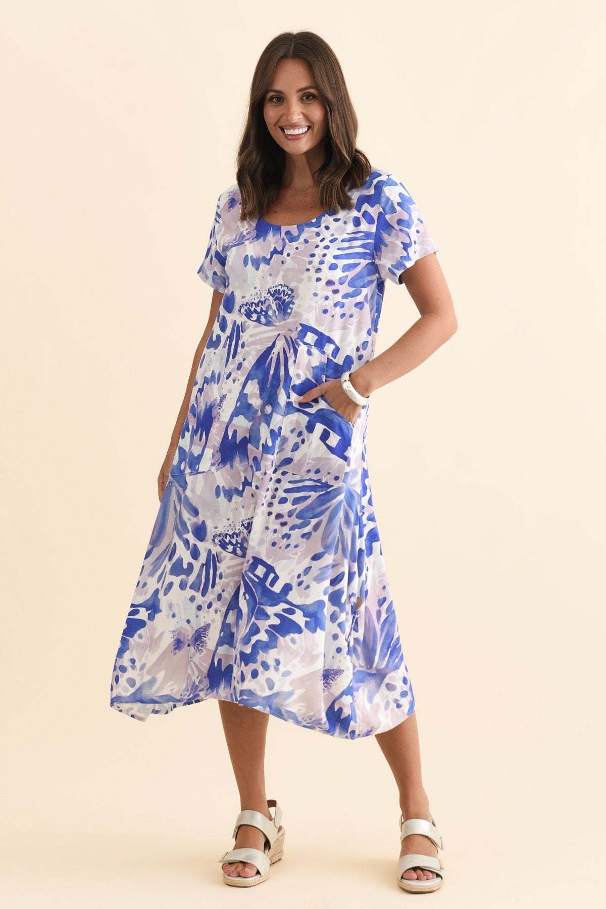 Lula Cobalt Abstract Linen Cotton Dress Front View