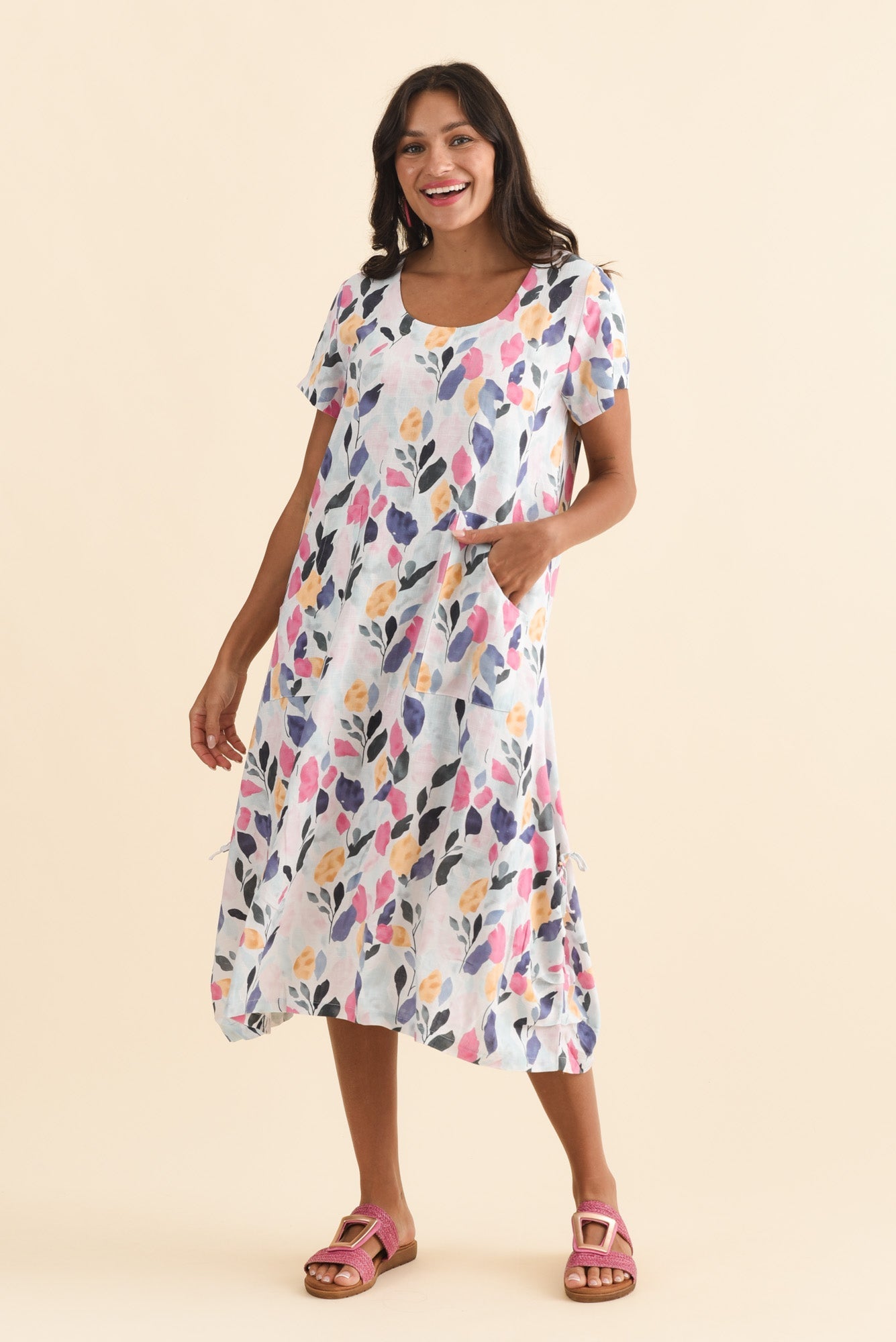 Lula Pink Leaf Linen Cotton Dress Front View 2