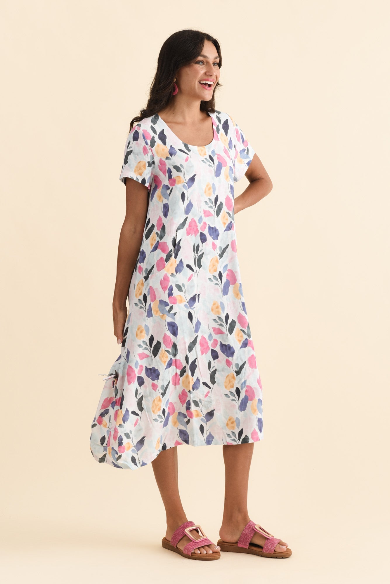 Lula Pink Leaf Linen Cotton Dress Back View