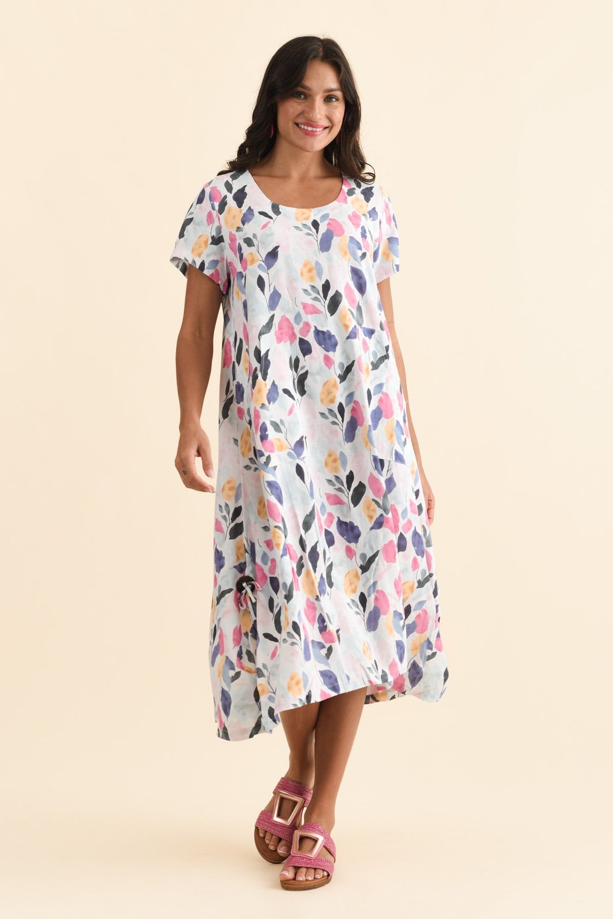 Lula Pink Leaf Linen Cotton Dress Full Length View