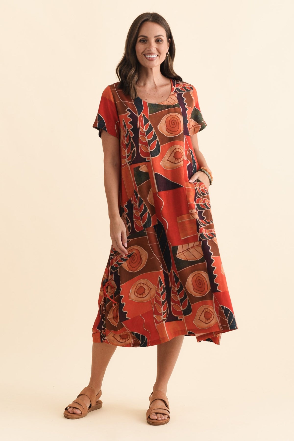 Lula Red Abstract Linen Cotton Dress Front View