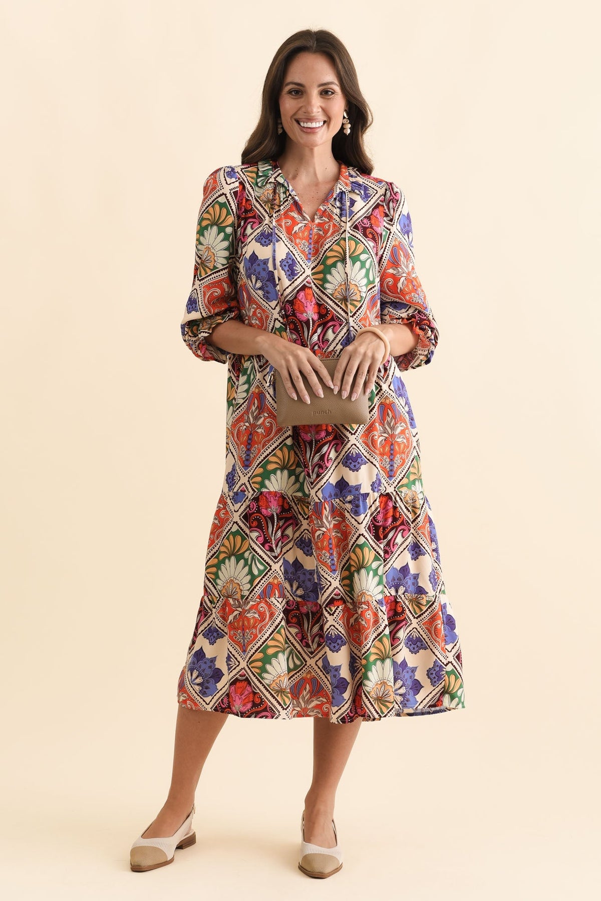 Lyon Orange Tile Sleeved Dress Front View 2