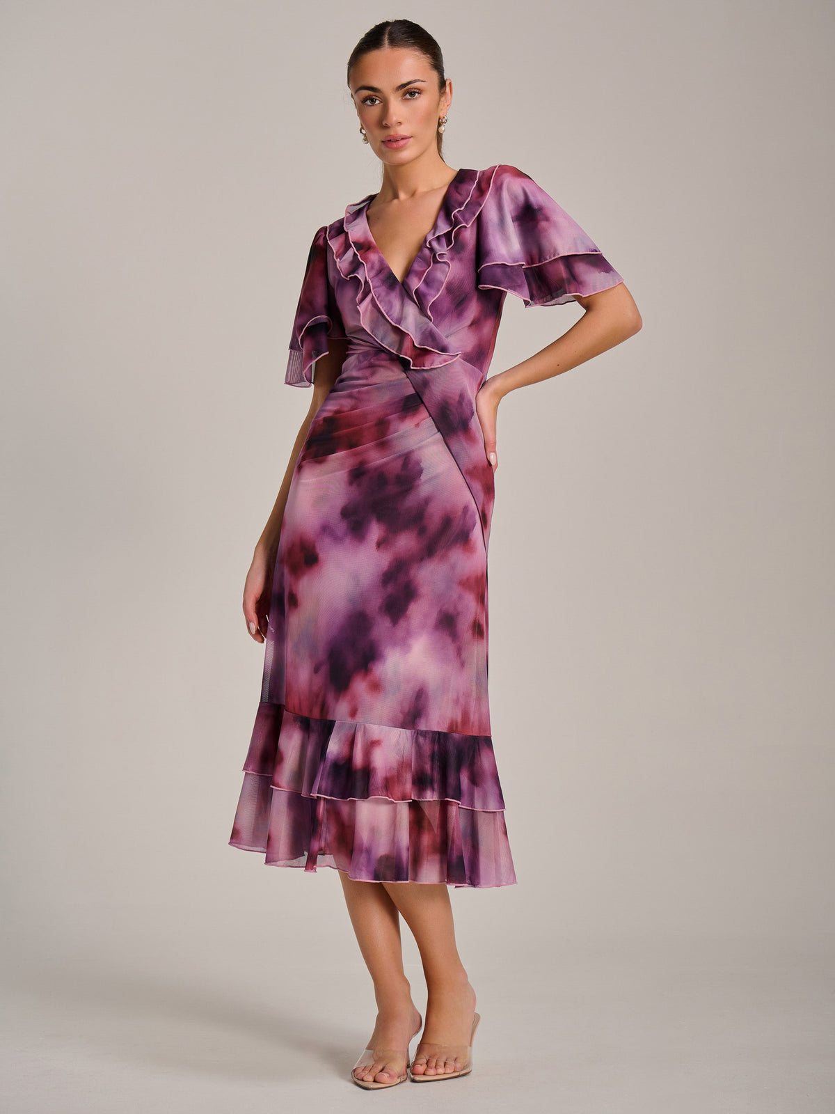 Ruffle Detail Ruched Mesh Midaxi Dress Full Length View