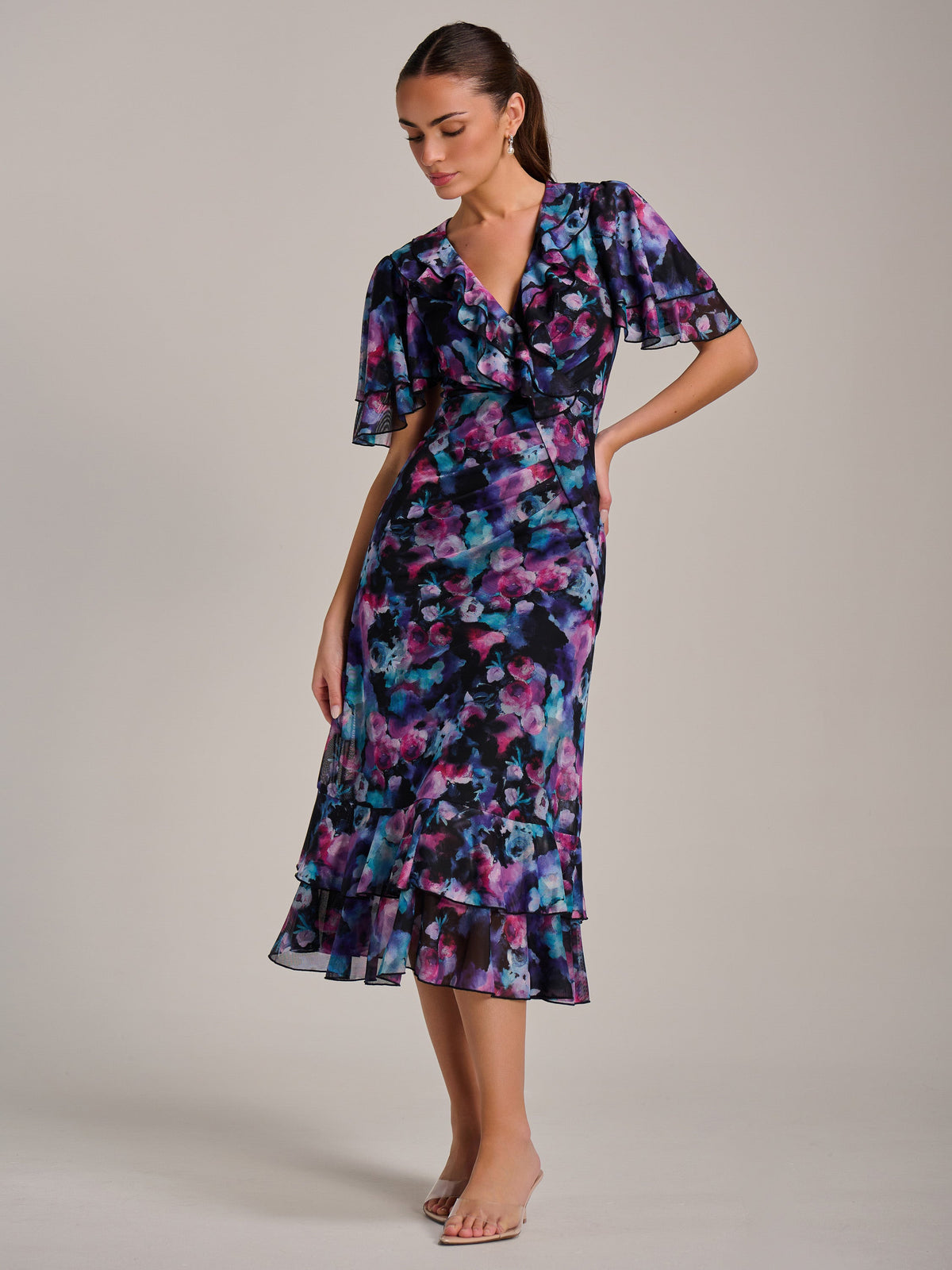 Ruffle Detail Ruched Mesh Midaxi Dress PURPLE MULTI Back View