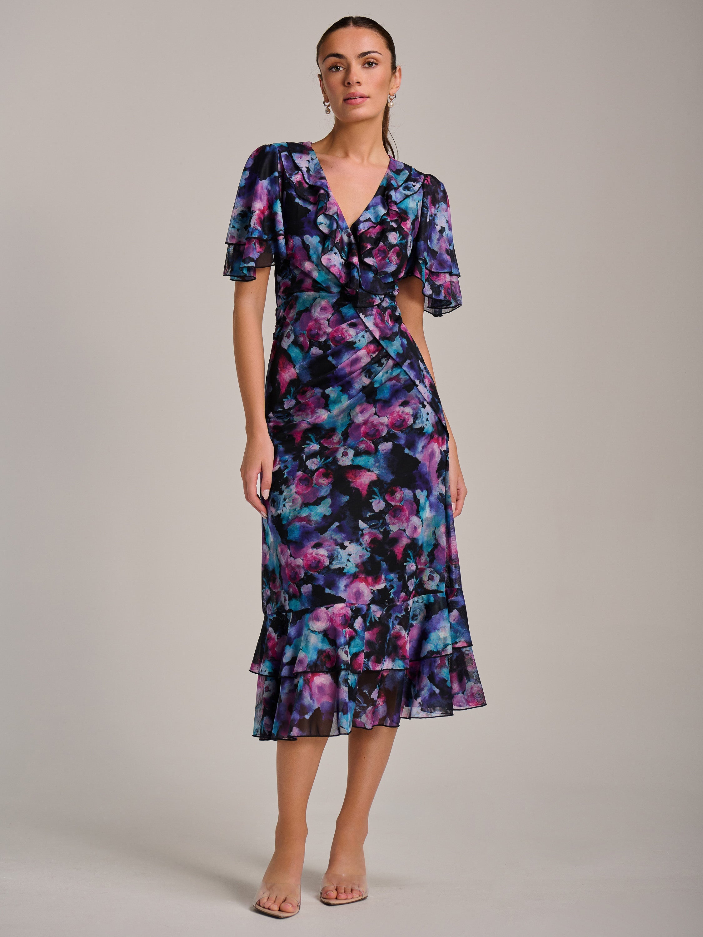 Ruffle Detail Ruched Mesh Midaxi Dress PURPLE MULTI Side View