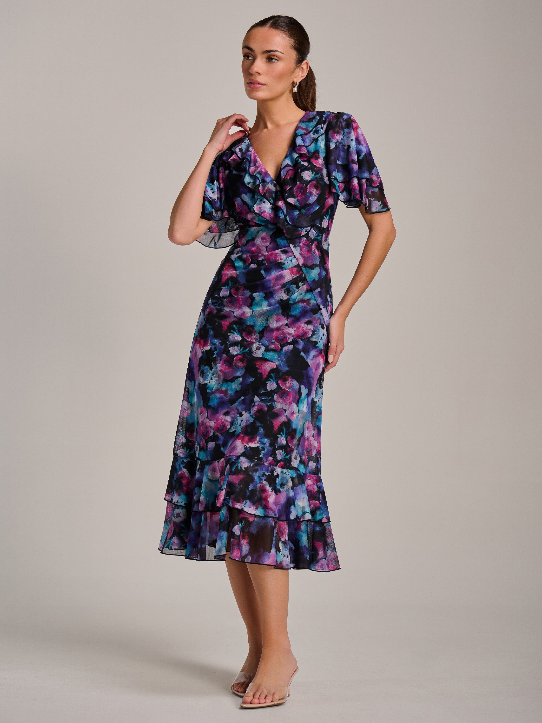 Ruffle Detail Ruched Mesh Midaxi Dress PURPLE MULTI Detail View
