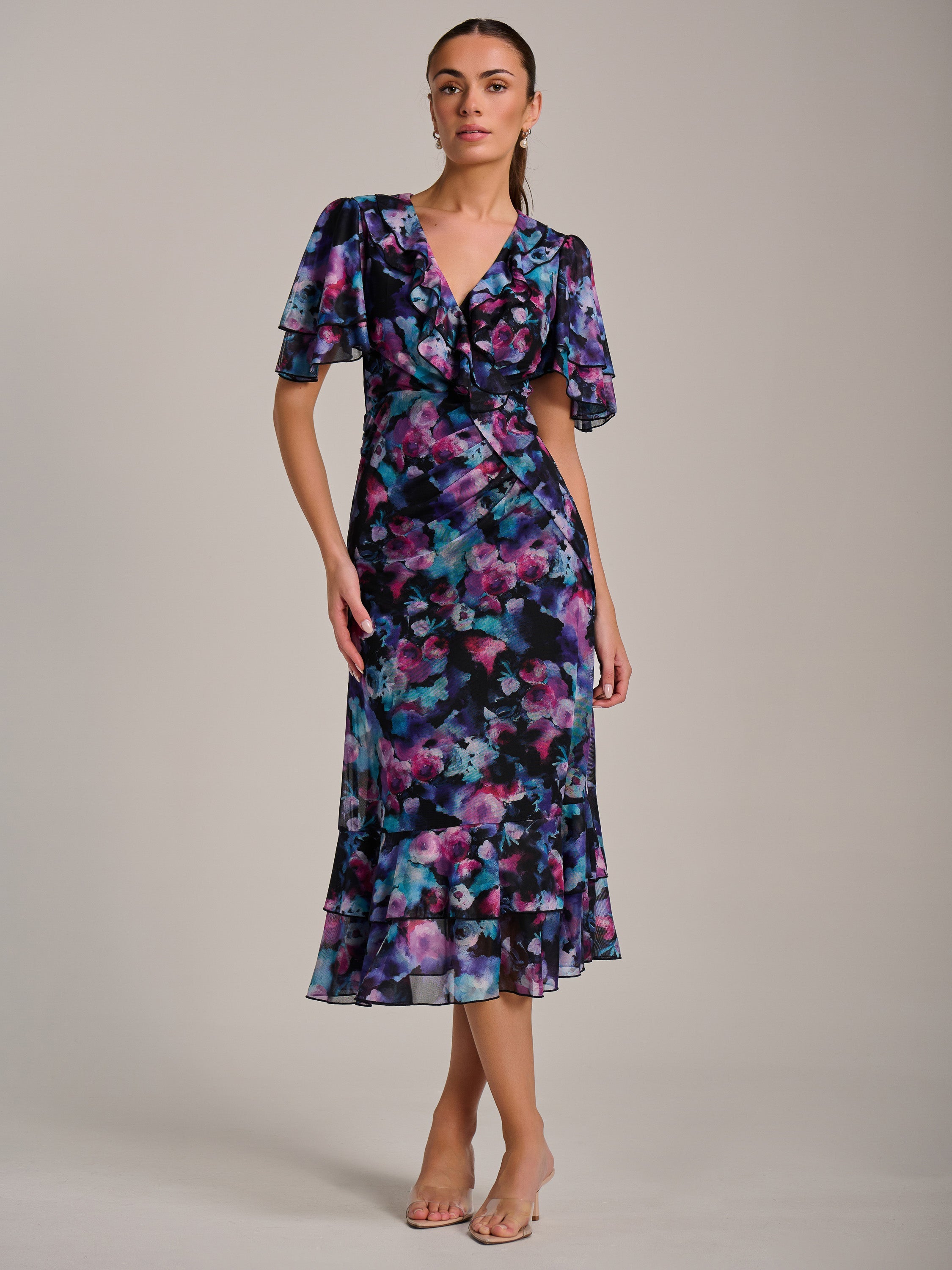 Ruffle Detail Ruched Mesh Midaxi Dress PURPLE MULTI Front View