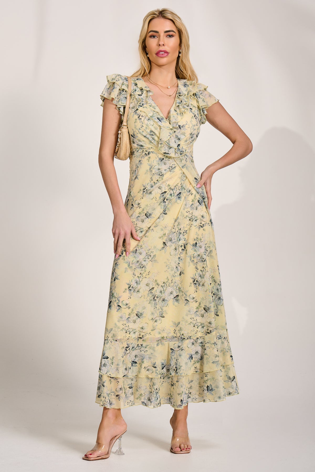 Ruffle V-Neck Mesh Maxi Dress Detail View