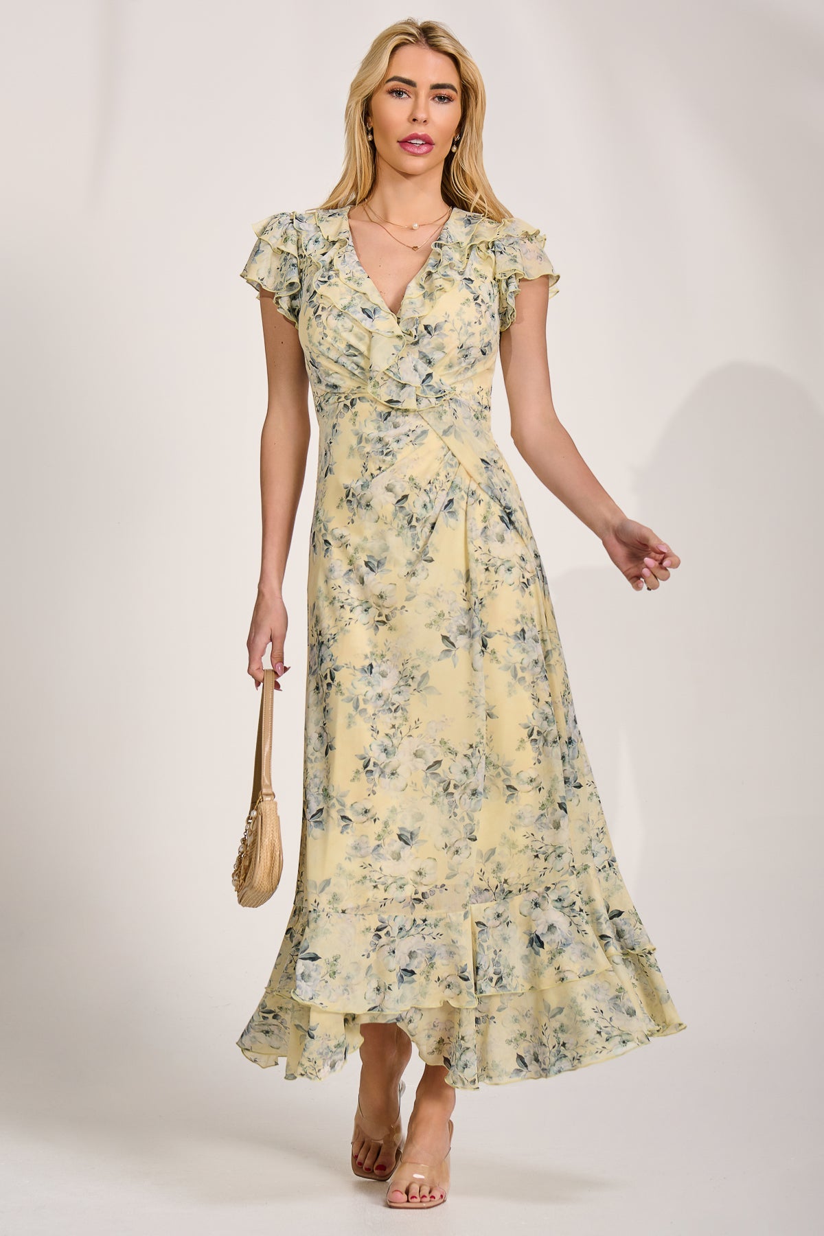 Ruffle V-Neck Mesh Maxi Dress Full Length View