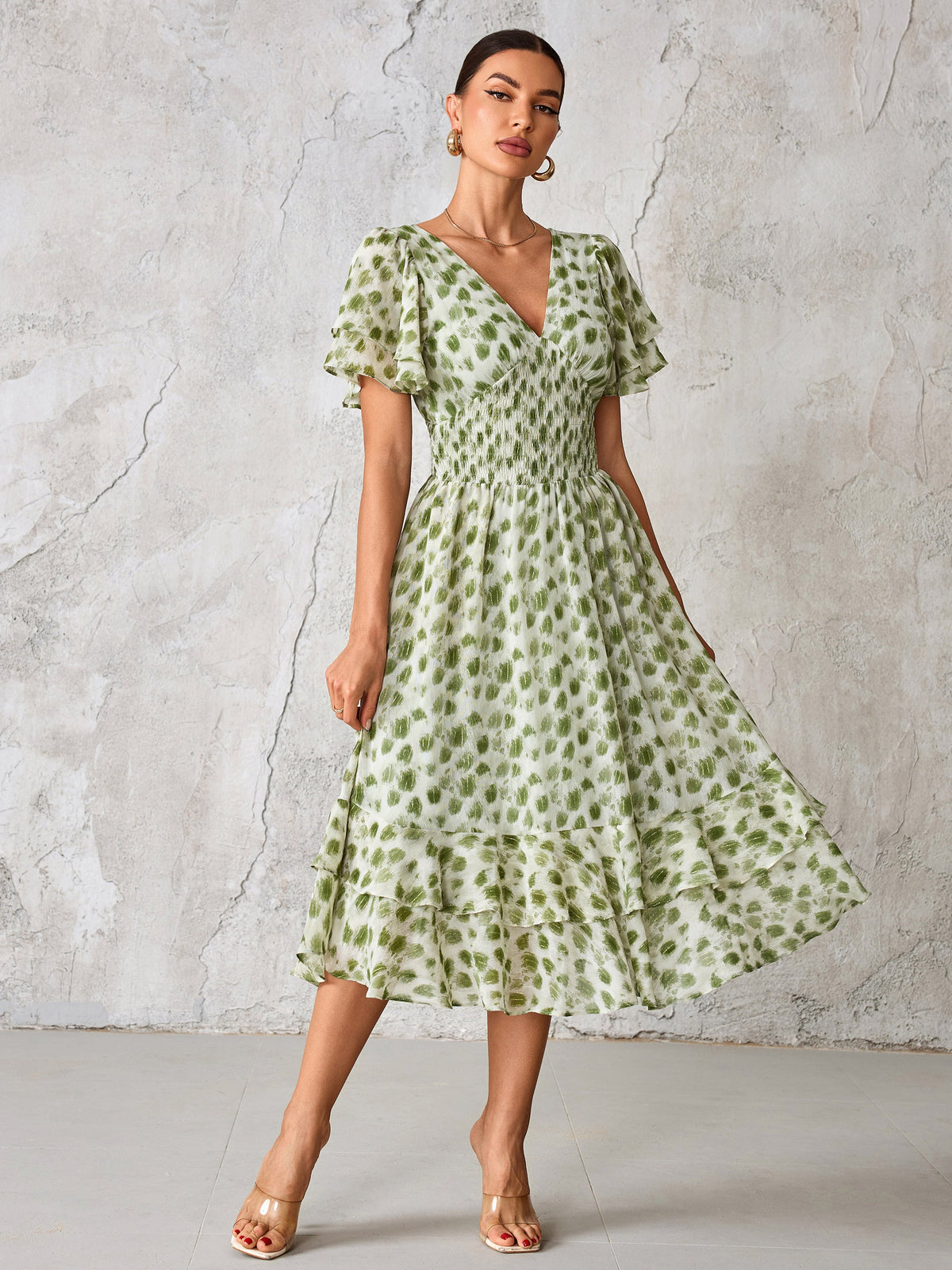 Frill Hem Chiffon Midi Dress Green Animal Front View 2
