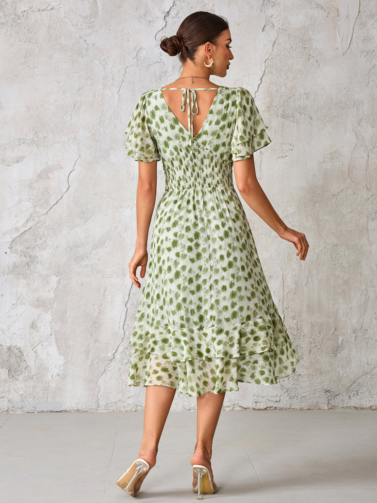 Frill Hem Chiffon Midi Dress Green Animal Back View