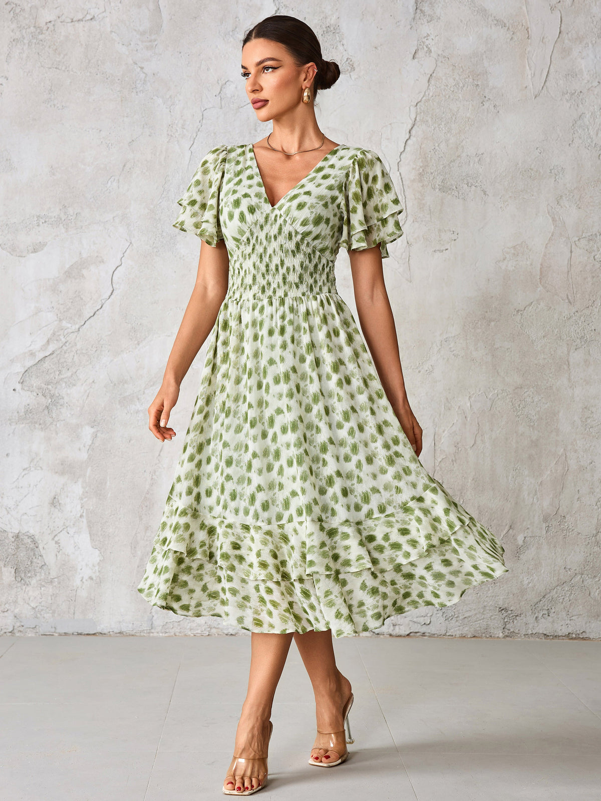 Frill Hem Chiffon Midi Dress Green Animal Detail View