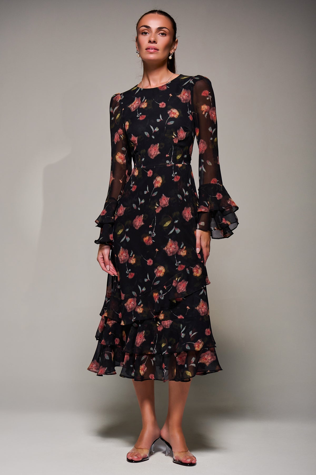 Long Sleeve Frill Chiffon Midaxi Dress Styled View