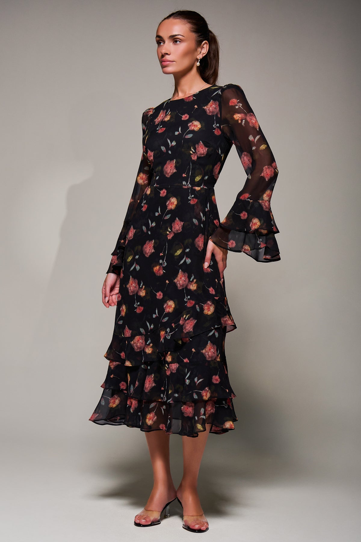 Long Sleeve Frill Chiffon Midaxi Dress Full Length View