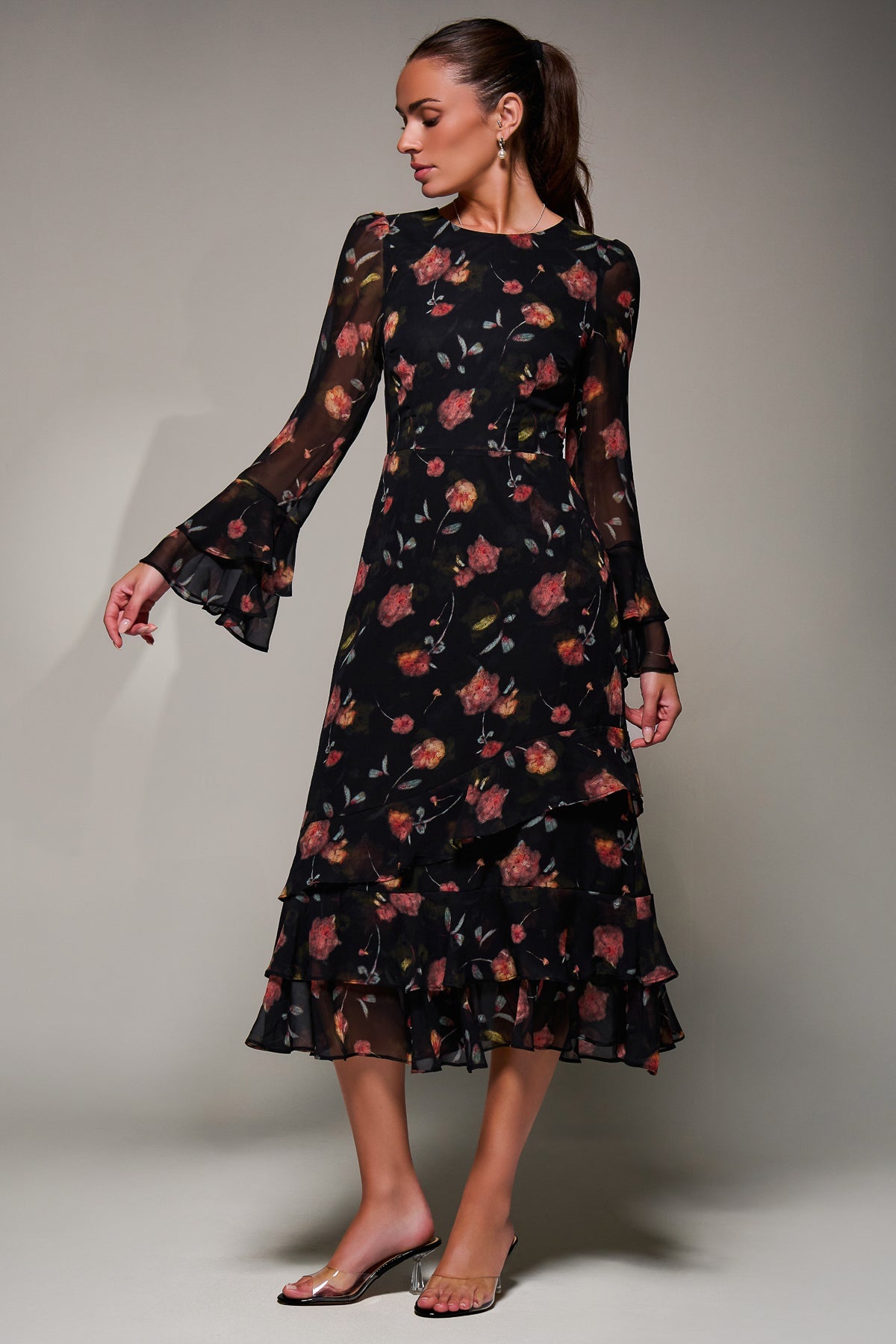 Long Sleeve Frill Chiffon Midaxi Dress Front View 2