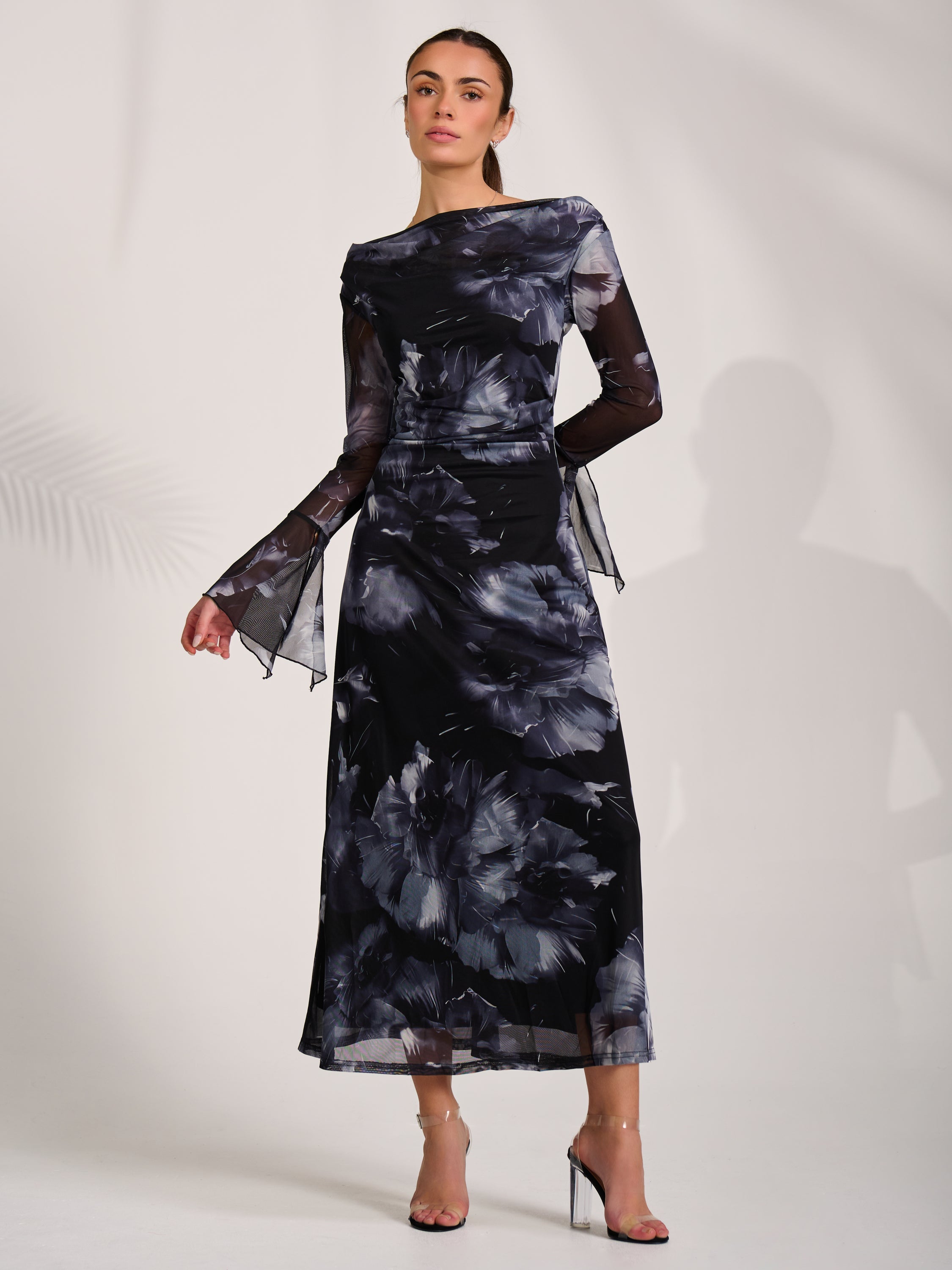Long Sleeve Slash Neck Maxi Dress Detail View