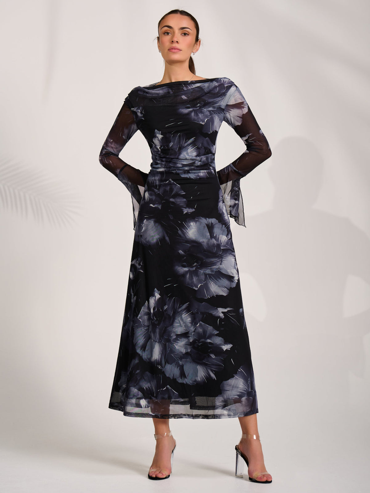 Long Sleeve Slash Neck Maxi Dress Full Length View