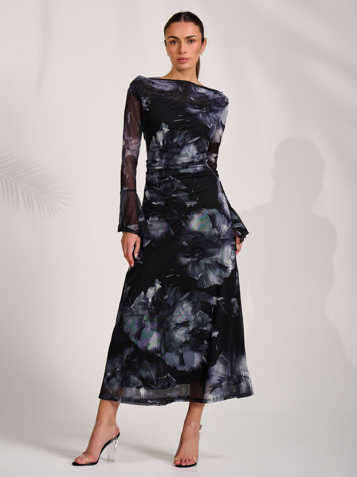 Long Sleeve Slash Neck Maxi Dress Front View 2