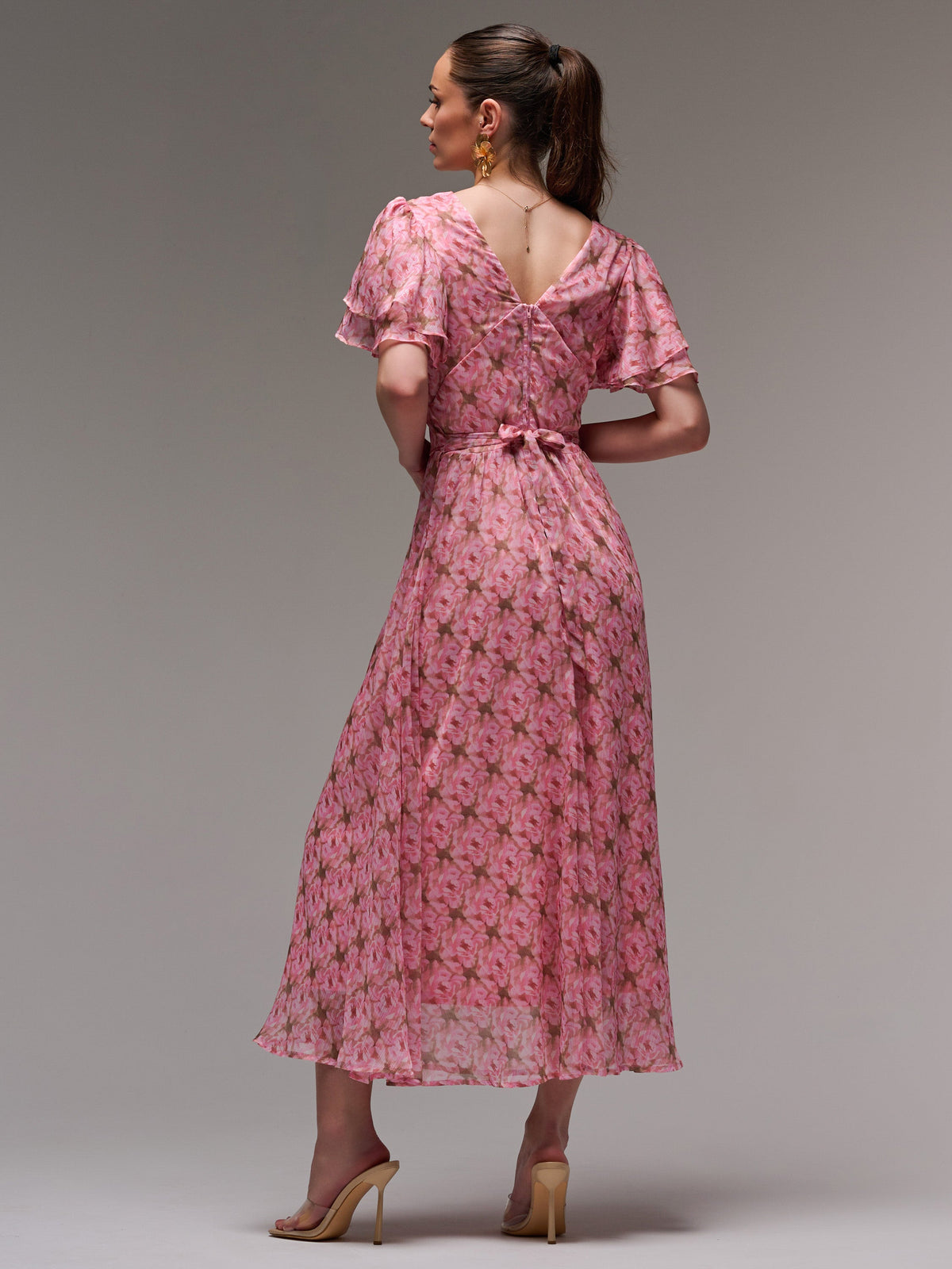 Layered Angel Sleeved Chiffon Maxi Dress Back View