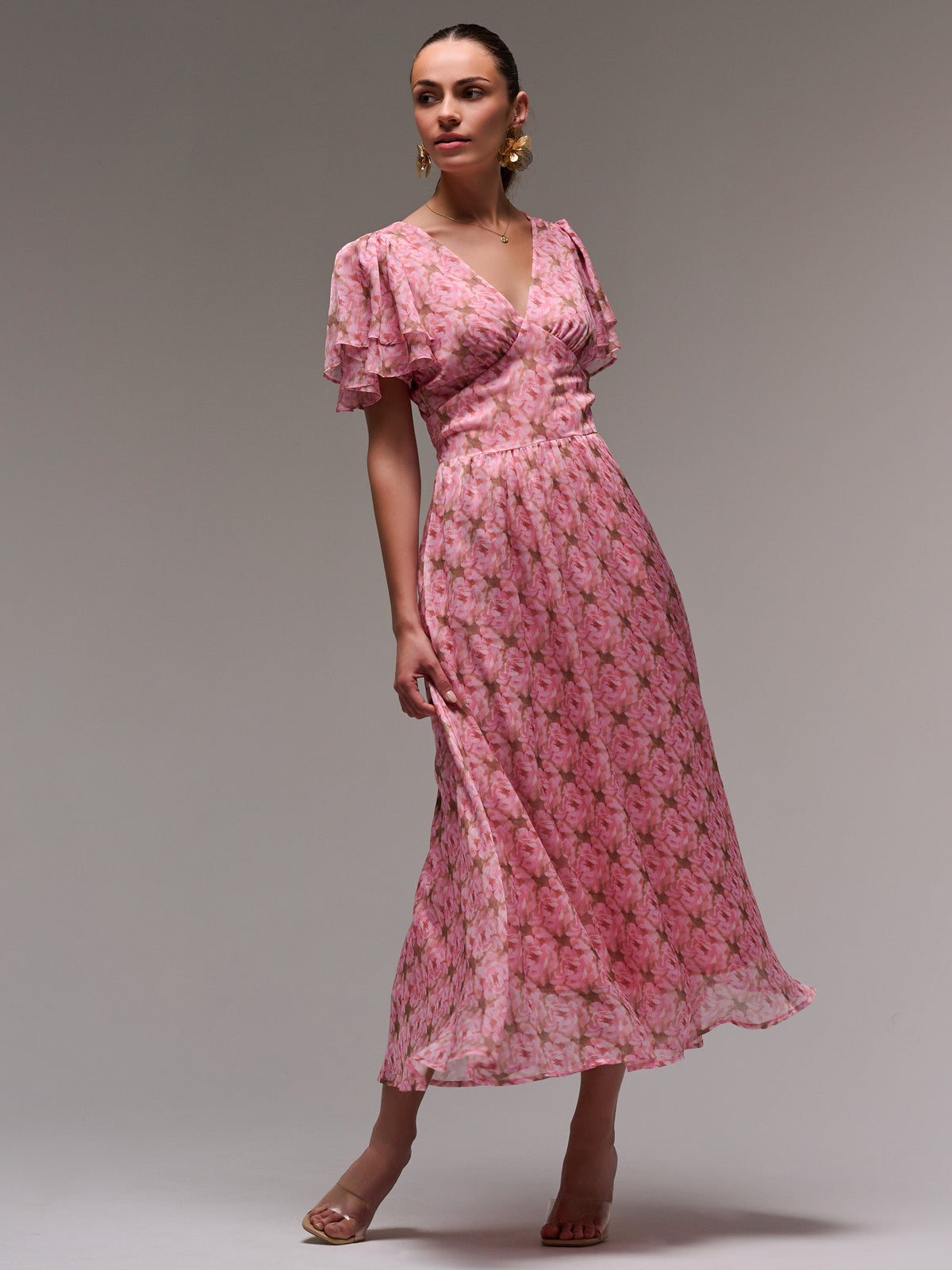 Layered Angel Sleeved Chiffon Maxi Dress Detail View