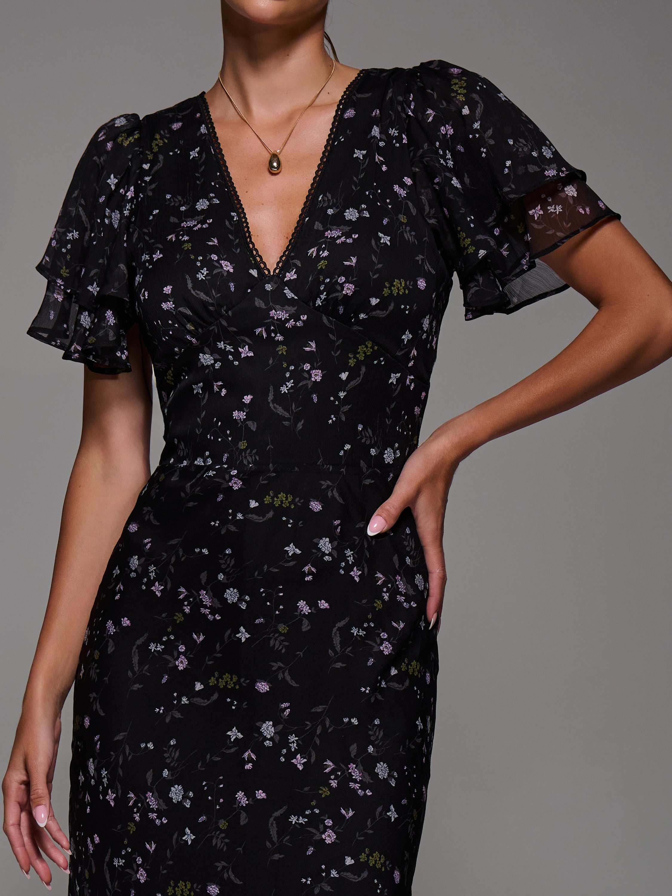 V-Neck Frill Sleeve Chiffon Midaxi Dress Styled View