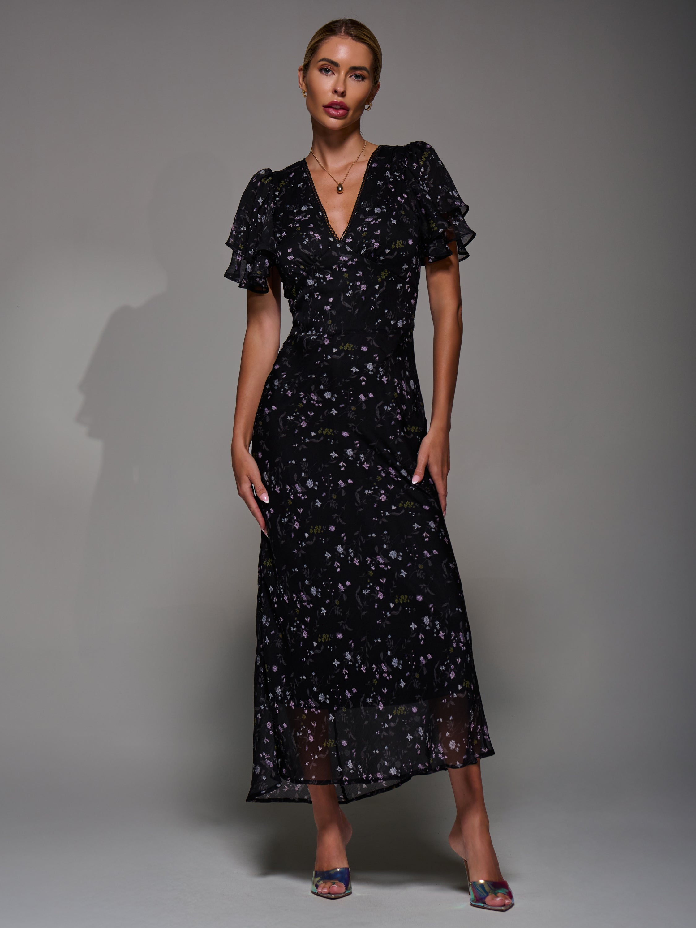 V-Neck Frill Sleeve Chiffon Midaxi Dress Detail View