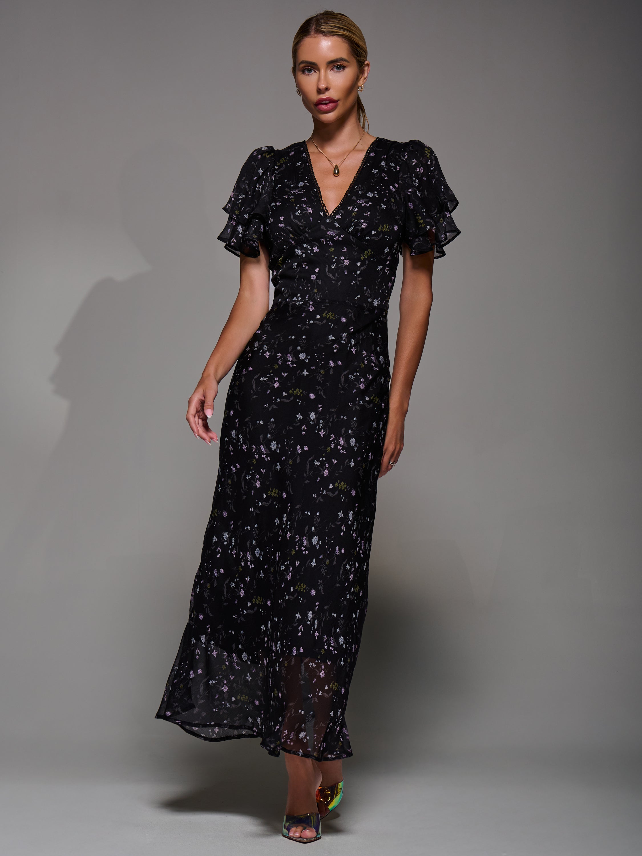 V-Neck Frill Sleeve Chiffon Midaxi Dress Side View