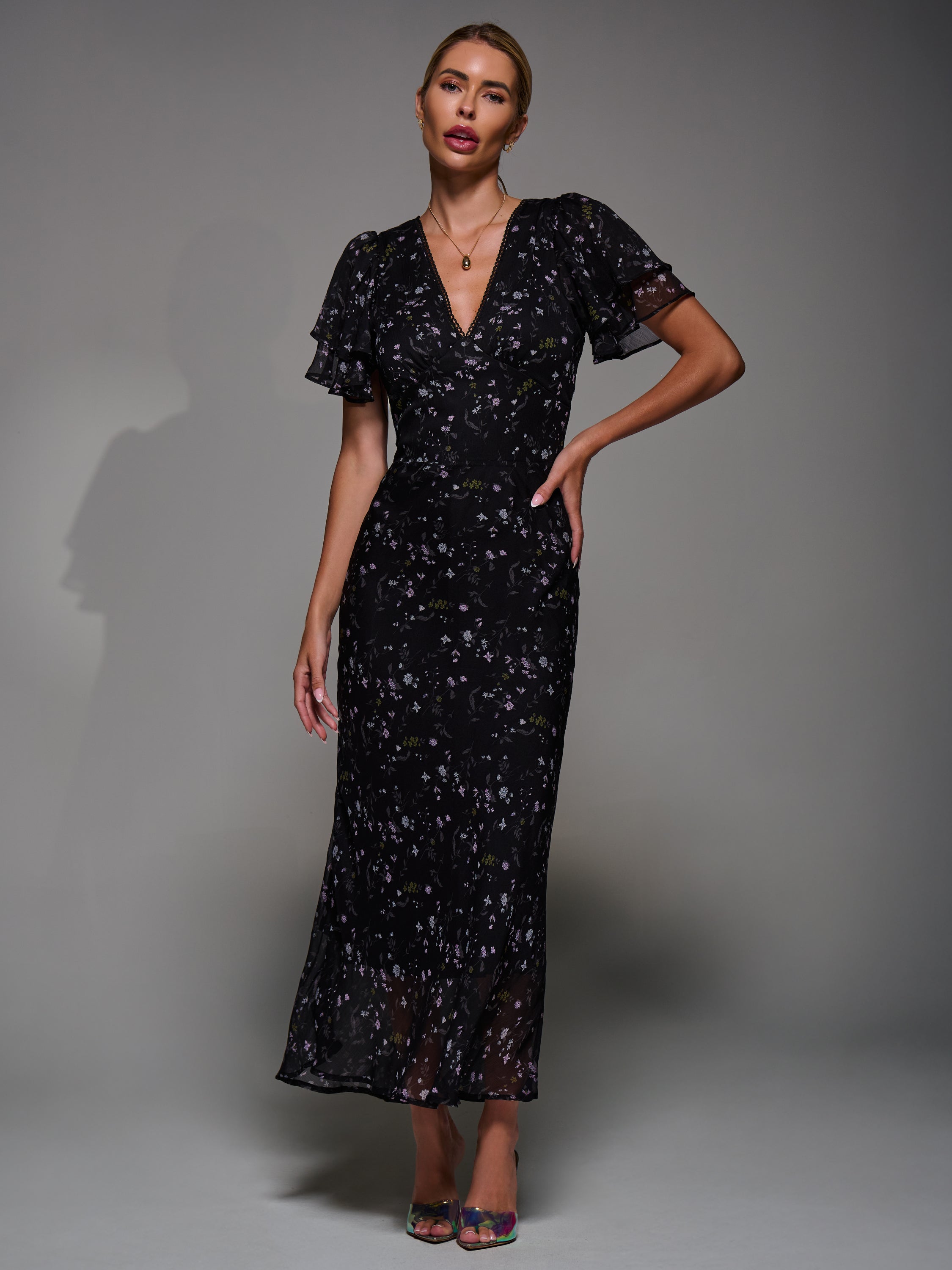 V-Neck Frill Sleeve Chiffon Midaxi Dress Front View