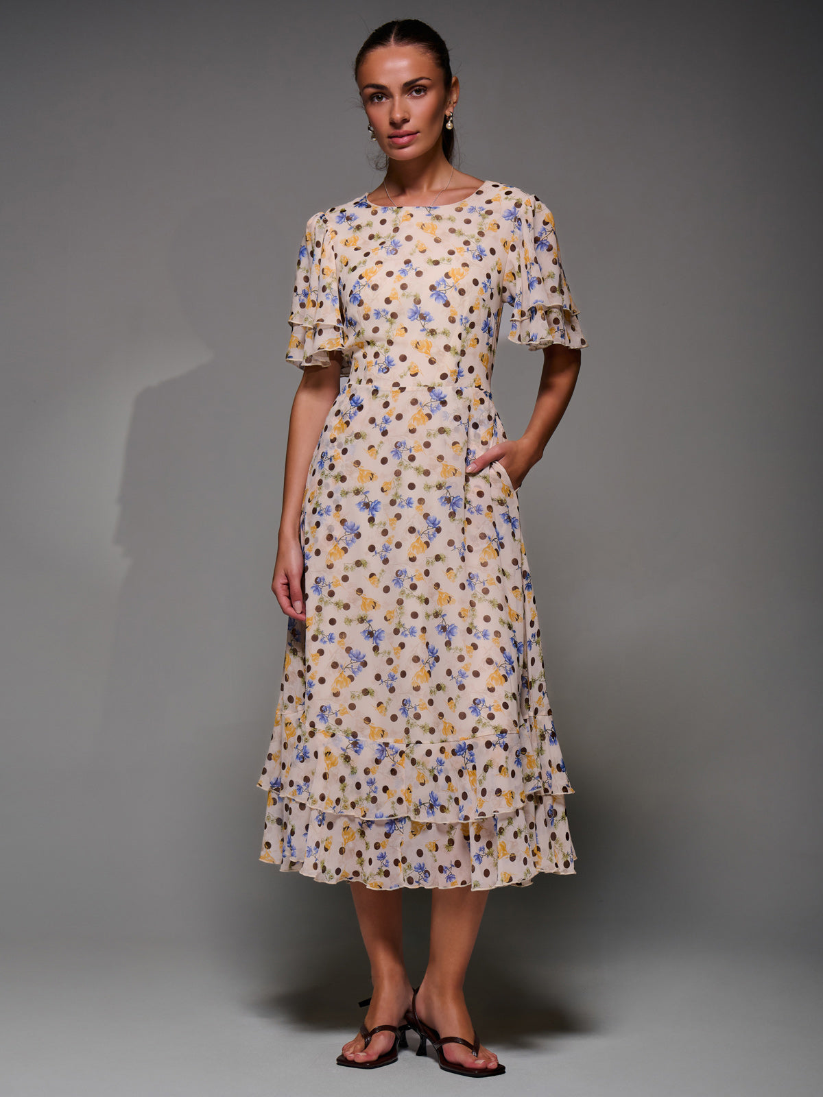 Frill Detail Chiffon Midaxi Dress Full Length View