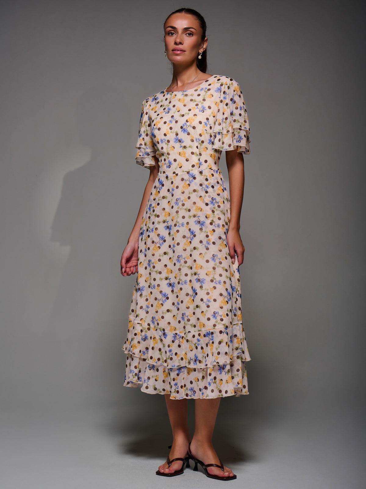 Frill Detail Chiffon Midaxi Dress Front View