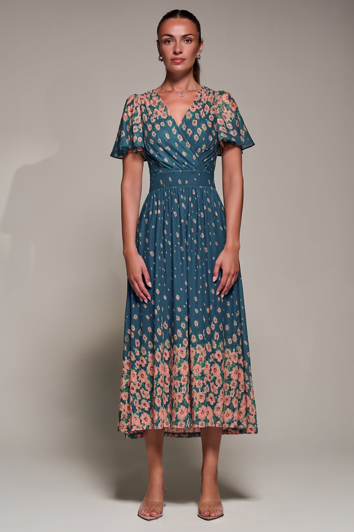 Mirrored Mesh Short Sleeve Midaxi Dress Front View