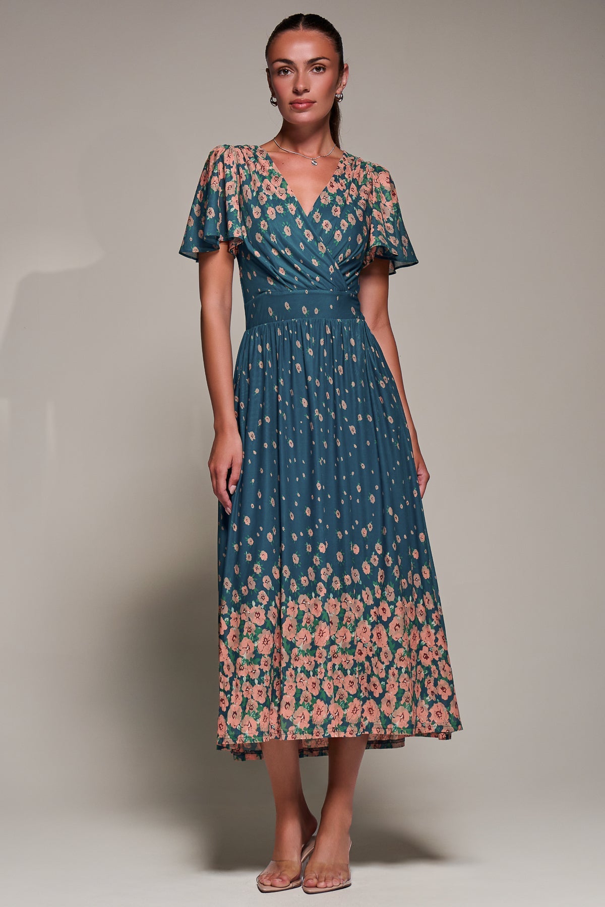 Mirrored Mesh Short Sleeve Midaxi Dress Full Length View
