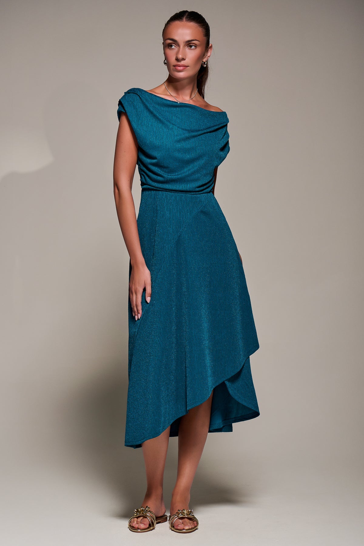 Draped Jersey Cowl Neck Midi Dress Detail View