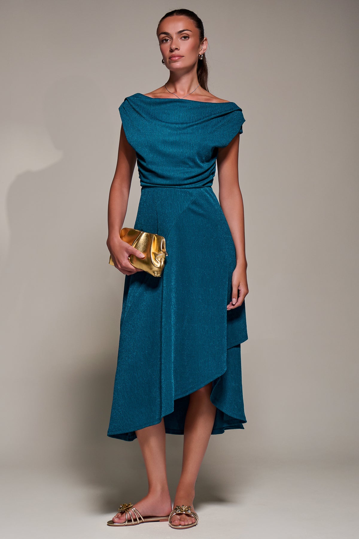 Draped Jersey Cowl Neck Midi Dress Styled View