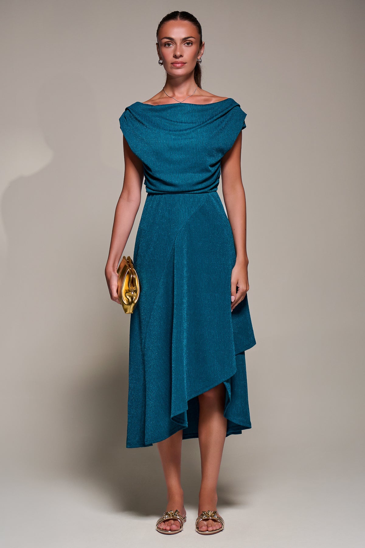 Draped Jersey Cowl Neck Midi Dress Front View 2