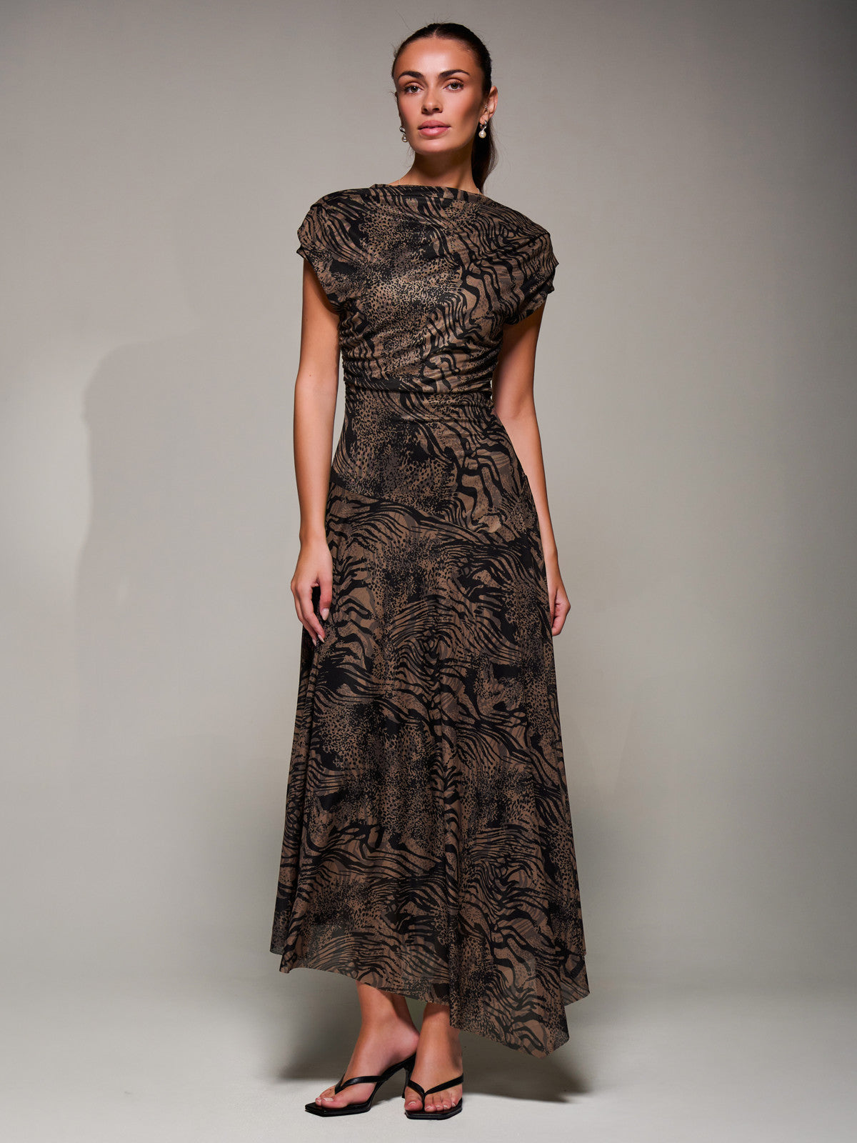 Asymmetrical Draped Slash Neck Midaxi Dress, Brown Animal Styled View