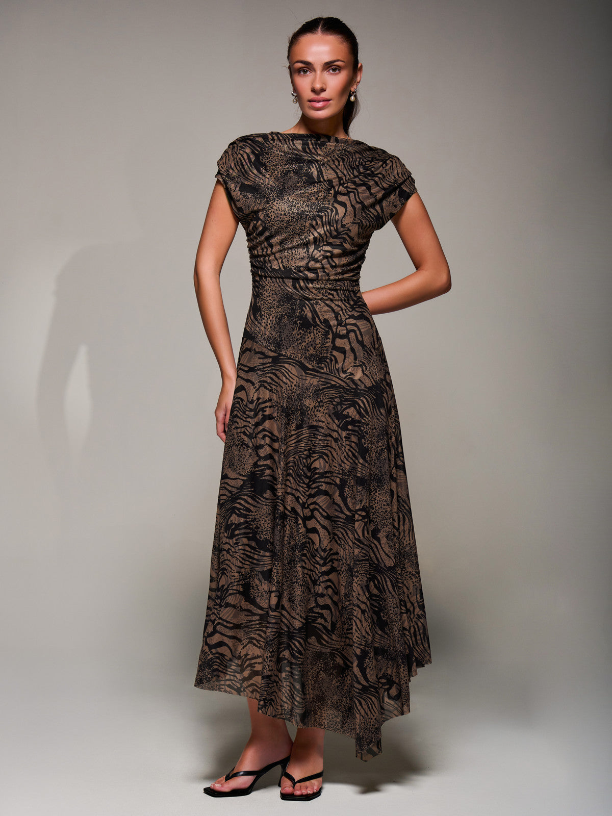 Asymmetrical Draped Slash Neck Midaxi Dress, Brown Animal Front View 2